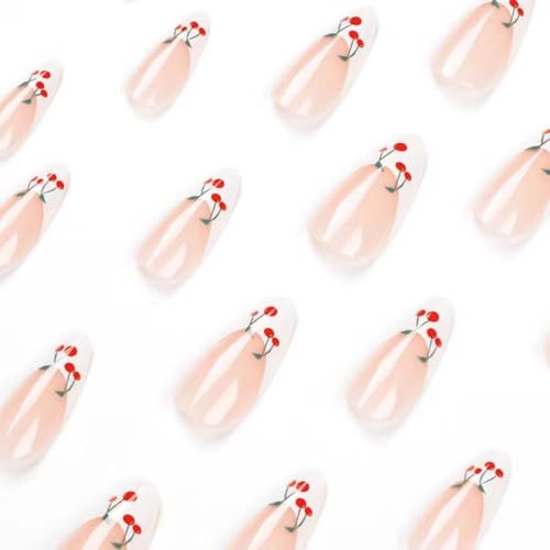 Image of French Tip Press on Nails Medium Almond White Fake Nails with Cherry Design Nude Full Cover Stick on Nails Cute False Nail Reusable Artificial Acrylic Nail for Women Girls Art Decoration 24pcs