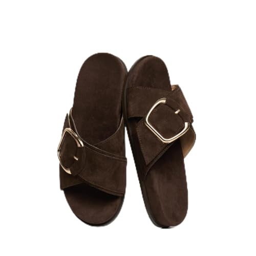 Image of Flat Sandals for Women Cross Buckle Straps Slides Slip-On Comfortable Summer Vacation Beach Sandals