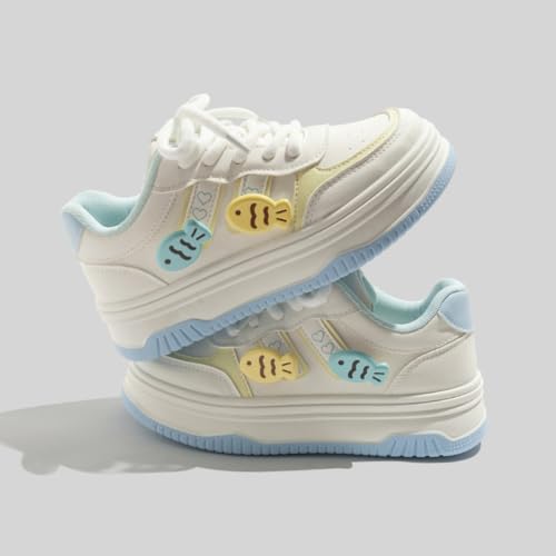 Y2K Chunky Platform Sneakers with Fish Charm for Women Preppy White Sport Walking Skate Shoes Lace Up for Students2