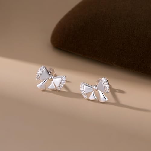 Reffeer Solid 925 Sterling Silver Cute Bow Stud Earrings for Women Teen Girls CZ Bow Earrings Stud Hypoallergenic3