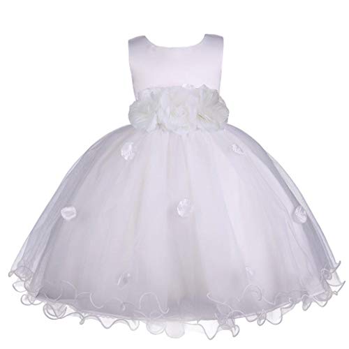 Pink Promise Flower Petals Ruffled Tulle Wedding Party Girl Princess Dress, White, 4