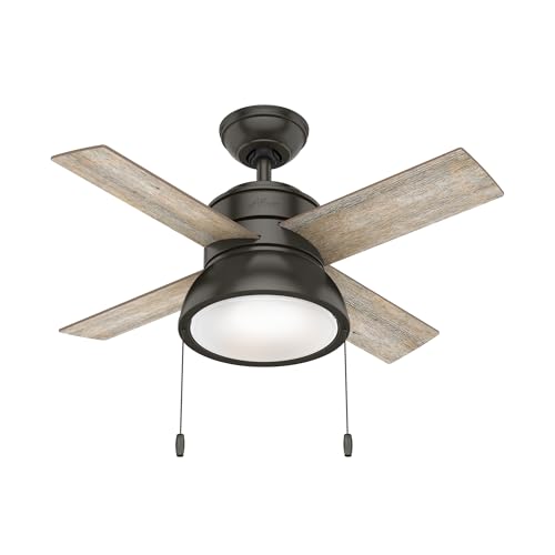 Hunter 36 inch Small Indoor Ceiling Fan with LED Light and Pull Chain - Standard Mount Bronze Ceiling Fan, 4 Blades, for Bedroom, Home Office, or Laundry Room, Quiet - Loki 59387, Noble Bronze