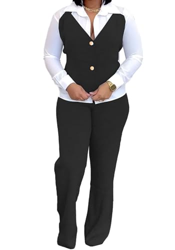 HuiSiFang Women 2 Piece Sets Dressy Casual Long Sleeve Patchwork Vest and Pants Set Work Outfits