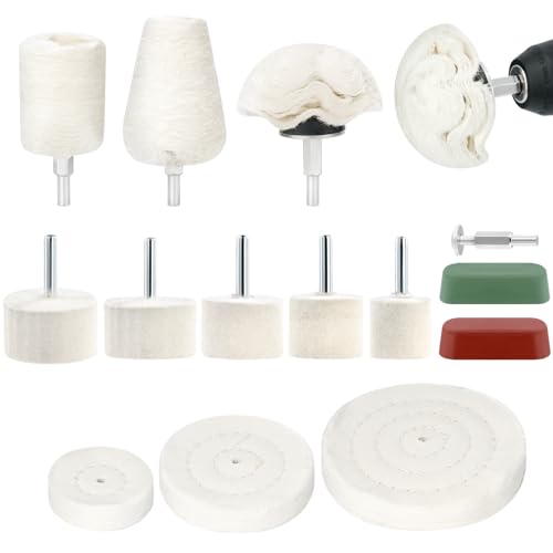 QWORK® 14 Pièces Kit de Polissage, Accessoire de Polissage pour Perceuse, Cônes de Polissage, Disques de Polissage, pour Métal, Bois