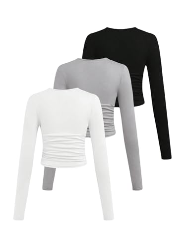 SOLY HUX Girl's Long Sleeve T Shirts 3 Packs Crewneck Fall Tees Ruched Fitted Tee Shirt Tops2