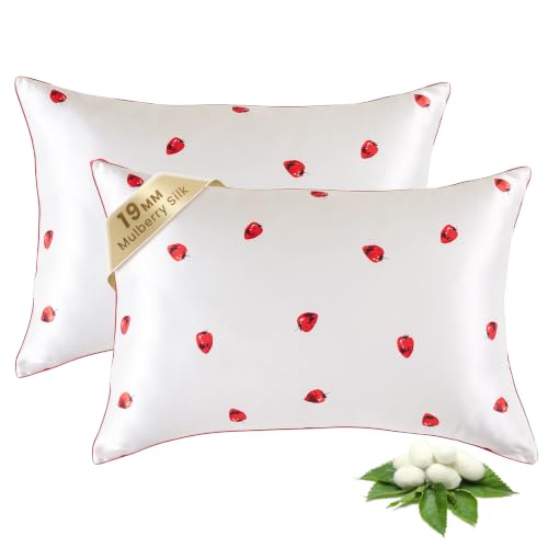 Image of THXSILK Set of 2 Natural Mulberry Silk Pillowcase Hypoallergenic Zipper Pillow Case - Grade 6A+ Mulberry Real Silk Pillowcase Organic Silk Pillow Cover (White Strawberry, Queen Size 20 inchx30 inch)