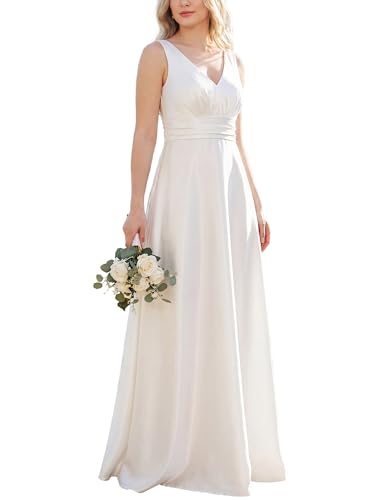 Image of Ever-Pretty Women's Summer Satin V Neck Formal Wedding Guest Dress Floor Length Empire Waist Bridesmaid Dresses with Pockets