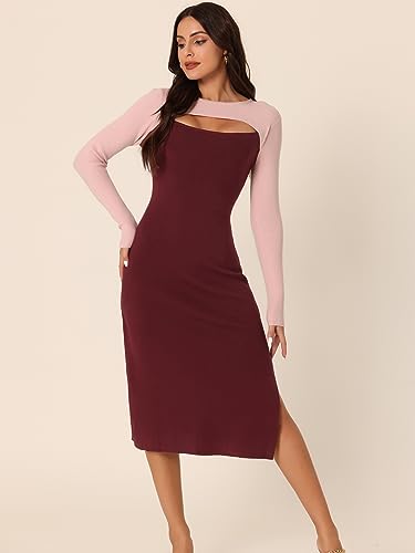 Image of Seta T Women's Long Sleeve Crew Neck Stretch Slim Cutout Color Block Ribbed Knit Bodycon Midi Sweater Dress