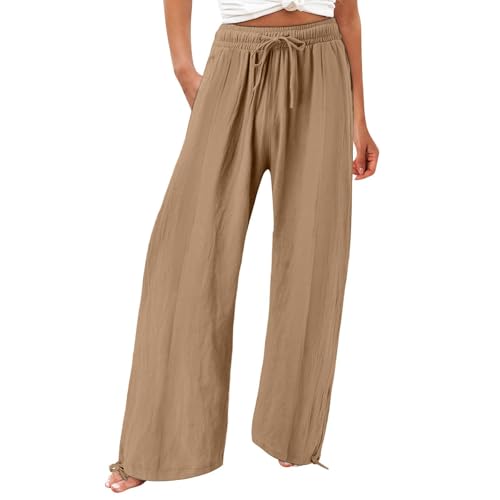 Pantalones Fluidos Mujer Verano Pantalones Abullonados Mujer Elástico de Talle Alto 7/8 Pantalones Algodón Lino Sólido Color Pantalones sueltos Casual Casual con Bolsillos 2025, 01#rosa oro, XXXL