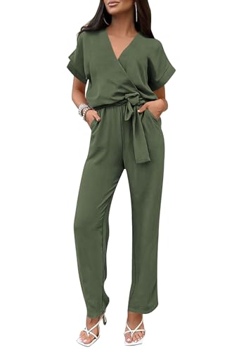 PRETTYGARDEN Women's Summer One Piece Jumpsuits Belted Short Sleeve Wrap V Neck Fashion Dressy Casual Wide Leg Pants Romper