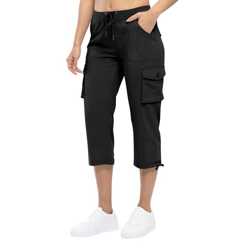 Cargo Capris for Women Drawstring High Waisted Quick Dry Hiking Cropped Pants with Pockets Summer Travel Capri Pants3