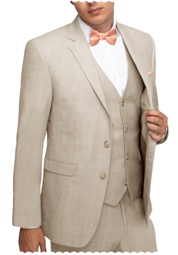 Men's Linen Blend Suits Regular Fit 3 Piece Slim Fit Blazer Jacket Waistcoat Pants Set for Wedding Tuxedo