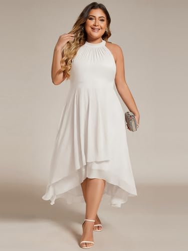 Image of Ever-Pretty Plus Women's Sleeveless Halter A Line Pleated High Low Plus Size Wedding Guest Cocktail Dresses 31926-DA
