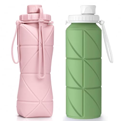 Image of 600ml Folding Silicone Water Bottle Sports Outdoor Travel Portable with Leak-Proof Lid Space-Saving for Travel, Gym, Hiking, Camping (GREEN&PINK)