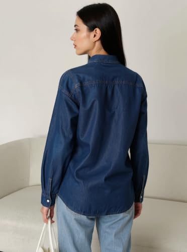 Image of Stylish Denim Shirt for Women Regular Fit Solid Blue Collared Neck Button Down Full Sleeve Casual Wear Girls and Ladies Shirt 36