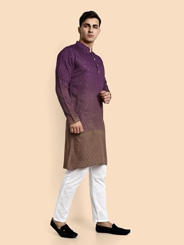Image of Vardha Men's Cotton Chikankari Embroidered Kurta with Full Sleeves and Knee Length Design and Elegant Sequence Work | Kurta for Men