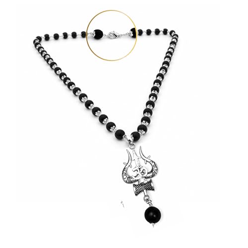 Image of Karungali Malai 8mm Certified with Divine Om Shiv Trishul Pendant Silver Plated Original | 54 Beads Authentic Black Ebony Wood Mala with German Silver Cap for Men & Women | Spiritual Protection Necklace, Lord Shiva & Murugan Blessings - 1 Piece