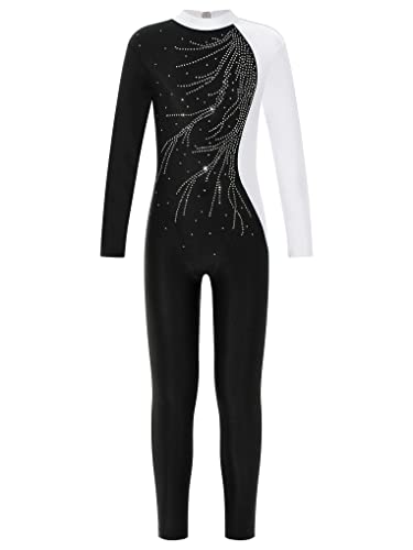 Nyeemya Brillantes Maillot de Patinaje Artistico Gimnasia Ritmica para Niñas Clásico Mono de Danza Leotardo Jumpsuit Deportivo Body Manga Larga de Disfraz Bailarina Blanco 9-10 años