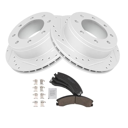 Image of TRQ Performance Rear Brake Pad and Rotor Set Ceramic Drilled Slotted G Coated Rotors Compatible with 2009 GMC Savana 3500