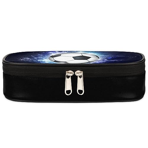 Image of Soccer Ball Leather Pencil Case Pen Holder Blue Sports-Themed Large Capacity Black Stationery Organizer Pencil Bag for Boys Girls Football Pencil Pouch Storage Box for School College Office