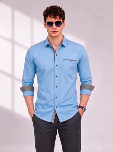 Image of Diverse Men's Cotton Shirt for Men | Regular Fit Full Sleeve Solid Casual Shirt with Spread Collar, Stylish Pocket Design, Standard Length | Formal Office Wear
