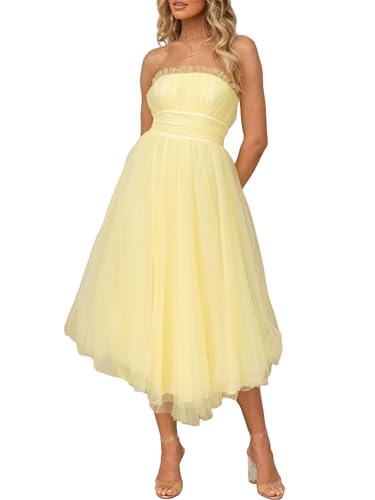 Damen Tüll Trägerloses Tutu Kleid Ärmellos Spitze Mesh A Linie Swing Midi Kleid Y2k Rückenfrei Geraffte Abendkleider Partykleider, A-gelb, Medium