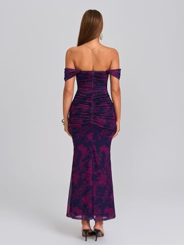 Image of KUTUMAI Off The Shoulder Maxi Long Dress Corset Ruched Bodycon Cocktail Formal Wedding Guest Dresses for Women