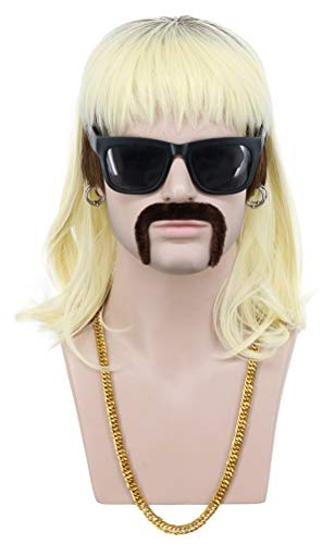 VGbeaty 70s 80s Adult Men Long Curly Black Root Blonde Mullet Mutsache Wig with Gold Necklace and 6 Earrings Halloween Costume Cosplay Wig