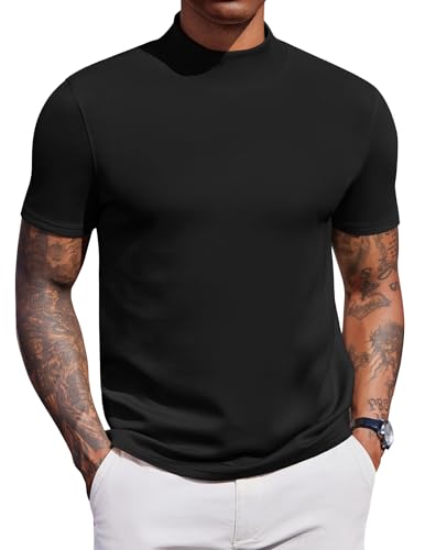 COOFANDY Turtle Neck for Men Short Sleeve Turtleneck Sweaters Slim Fit Solid Pullover Dress Sweater Black
