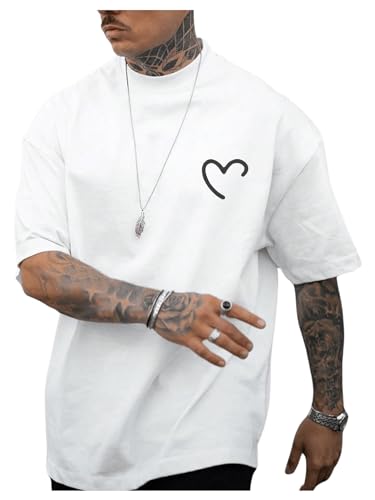 GORGLITTER Mens Crewneck T Shirt Letter Graphic Short Sleeve Casual Drop Shoulder Oversized Tee White Heart Small