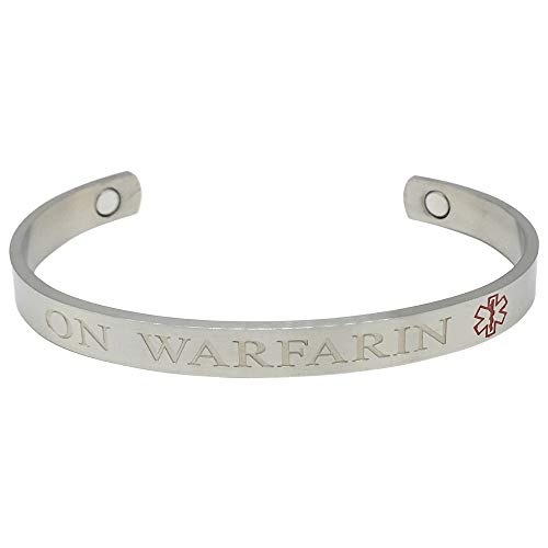 Preisvergleich Produktbild Magnetischer Medizinischer Notfall-Armreif - Auf Warfarin - gebürsteter Rhodium-Edelstahl Gesundheit Armband für Frauen Herren Damen plus Geschenkbox