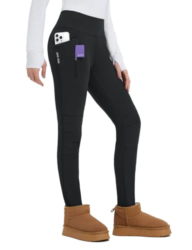baleaf Thick Leggings for Women Waterproof Snow Pants Winter Fleece Lined Leggings Ski Cold Weather Pants with Zip Pockets Black M