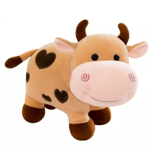 Image of 28 cm Soft Brown Cow Plushie with Heart Spots & Pink Snout - Cute Stuffed Animal Toy & Nursery Decor