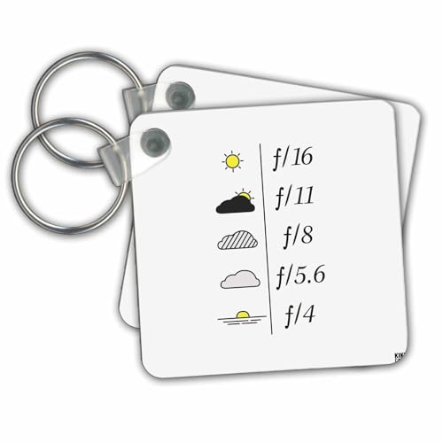 set of 2 Key Chains - Daylight Exposure Guide and Light Metering Aperture Table - Yellow sun on white background Photography Collection