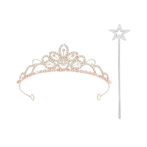 YcsRnn Glinda Crown and Tiara Set Princess Crowns for Girls with Pink Tiara and Gold Crown Details Ideal for Dress-Up Play and Themed Events Measuring 13 cm Crown and 34 cm Wand