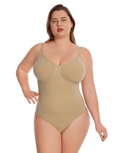 YYPBI Shapewear Damen Body Shaper Bauchweg Bodysuit Formender Miederbody Sculpting Tanga mit Verstellbarer Schultergurt Beige S