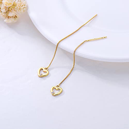 14K Solid Gold Diamond Heart Dangle Earrings For Women, Dainty 6Mm Gold Open Heart Ear Line Dangle Drop Earrings Jewelry Gift For Girls, Wife, Mom On Birthday, Anniversary #TOP2