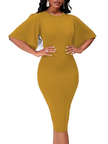 Image of Bdwinz Women's Basic Bodycon Ruffle Flared Short Sleeve Pencil Midi Dress