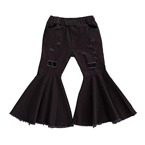 Toddler Kids Baby Girl Bell Bottom Denim Jeans Flare Pants Ripped Leggings Trousers Tie Dye Print Clothes Outfits (Black& Ripped,4-5T)