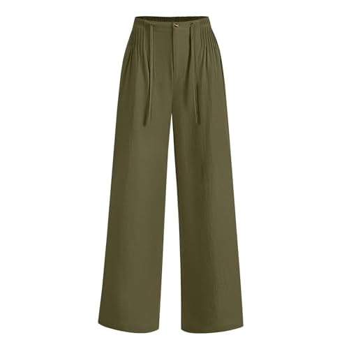 LOMON Womens Linen Pants Summer Wide Leg Cotton Pants Drawstring Elastic Waist Casual Loose Slacks Work Trousers with Pockets Army Green Large