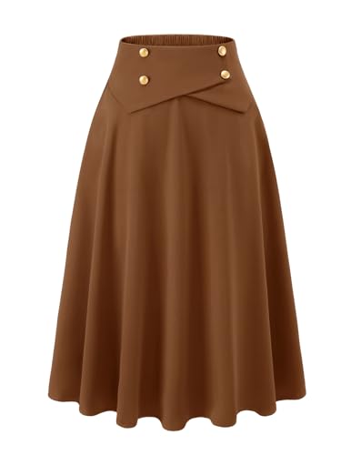 Falda de mujer midilang vintage línea A faldas acampanadas básica casual falda de cintura alta falda de ocio con bolsillos, marrón, L