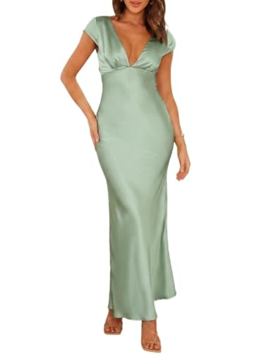 Image of Halfisland Womens Summer Satin V Neck Cap Sleeve Midi Dress Wedding Guest