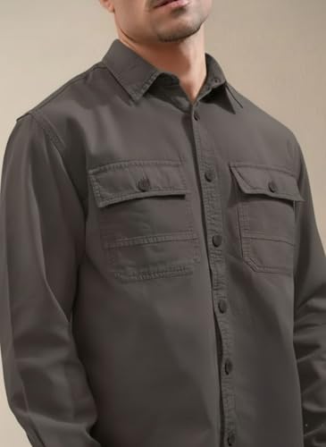 Image of SMOWKLY Men's Casual Shirt | Full Sleeve Button Down Shirt with Dual Chest Pockets | Stylish Regular Fit 100% Cotton Office, Party Shacket | Fashionable Western Outfit