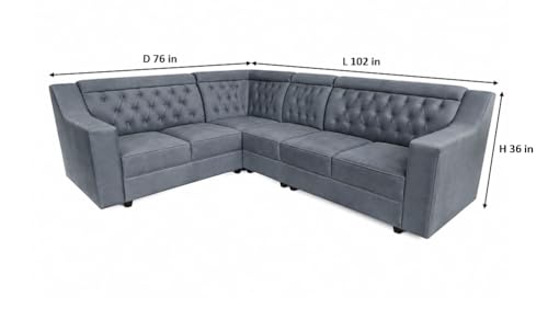 Image of APRODZ Wooden Sofa Set 6 Seater for Living Room, Solid Wood L Shape Sectional Sofa with Velvet Fabric Upholstery, Cushioned Seating for Home, Office & Lounge, Grey