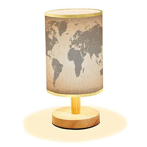 Lopyeijfg Minimalist Bedside Table Lamp Grunge World Map Old World Map Wood Nightstand Lamp Bedside Desk Lamp Wood Base Flaxen Fabric Shade For Bedroom Living Room #TOP18