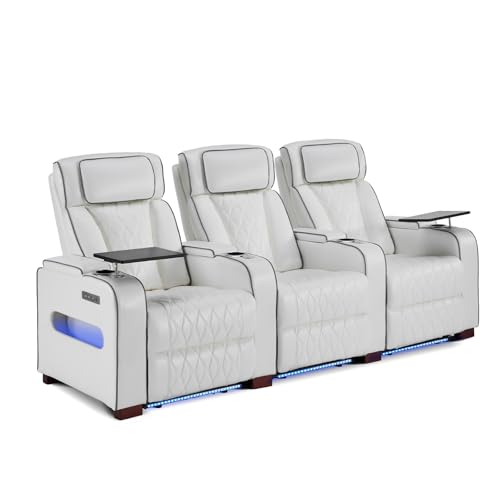 Image of Luxury Home Theater Seating - Power Recliner with Adjustable Headrests, Blue LED Ambient Lighting, Tray Table, USB & Type-C Charging (Pure White,3 Seat)
