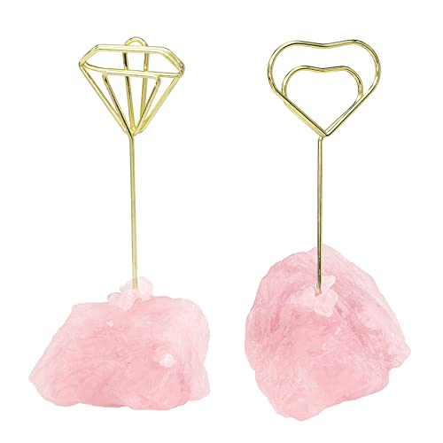 Nupuyai 2pcs Rose Quartz Natural Raw Stone Golden Stand Clip Photo Holders Set