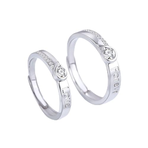 Bague fiançailles réglable en argent 925 gravée pour couple avec zircon