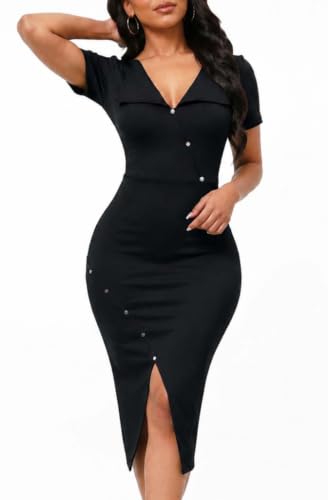 Image of Fooullaide Women's Sexy Bodycon Mid Dress Stretch Short Sleeve V Neck Cocktail Party Dresses