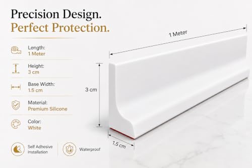 Image of Shower Water Barrier 1M, Silicone Shower Threshold Water Dam with Adhesive, Bathroom Floor Water Stopper for Shower Door, Kitchen & Pet Wash Areas, White